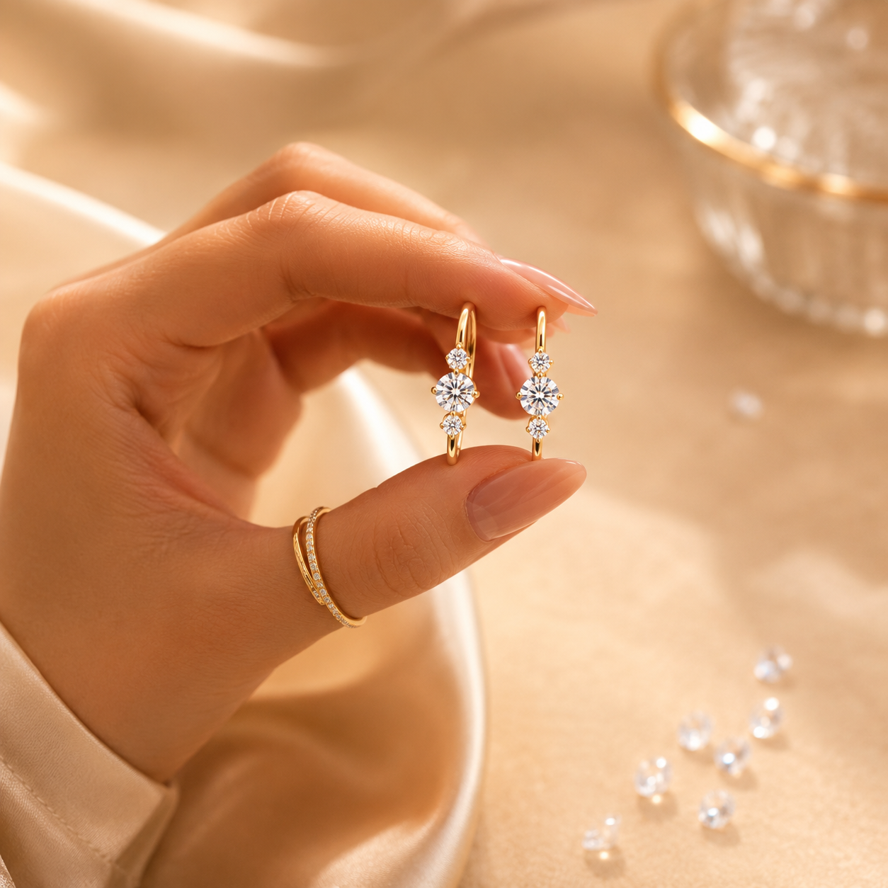 Close up of Seraphina Halo Drop Earrings featuring brilliant moissanite stones