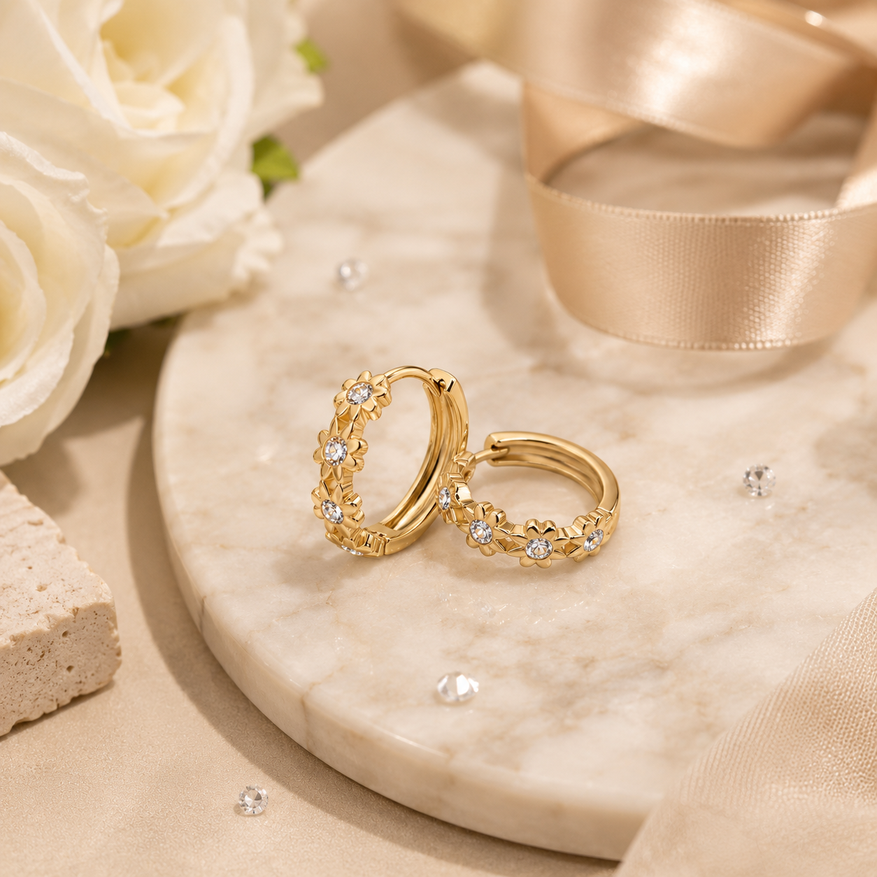 Gold Élodie Bloom Huggie Earrings displayed on luxury jewelry setting