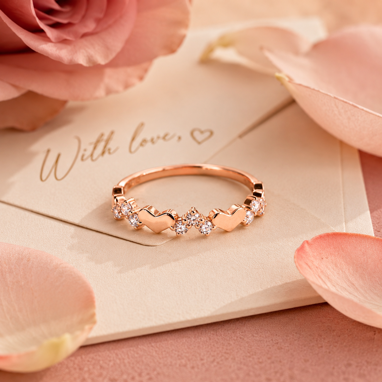 Rosalie Heart Zircon Ring in rose gold finish with sparkling heart design
