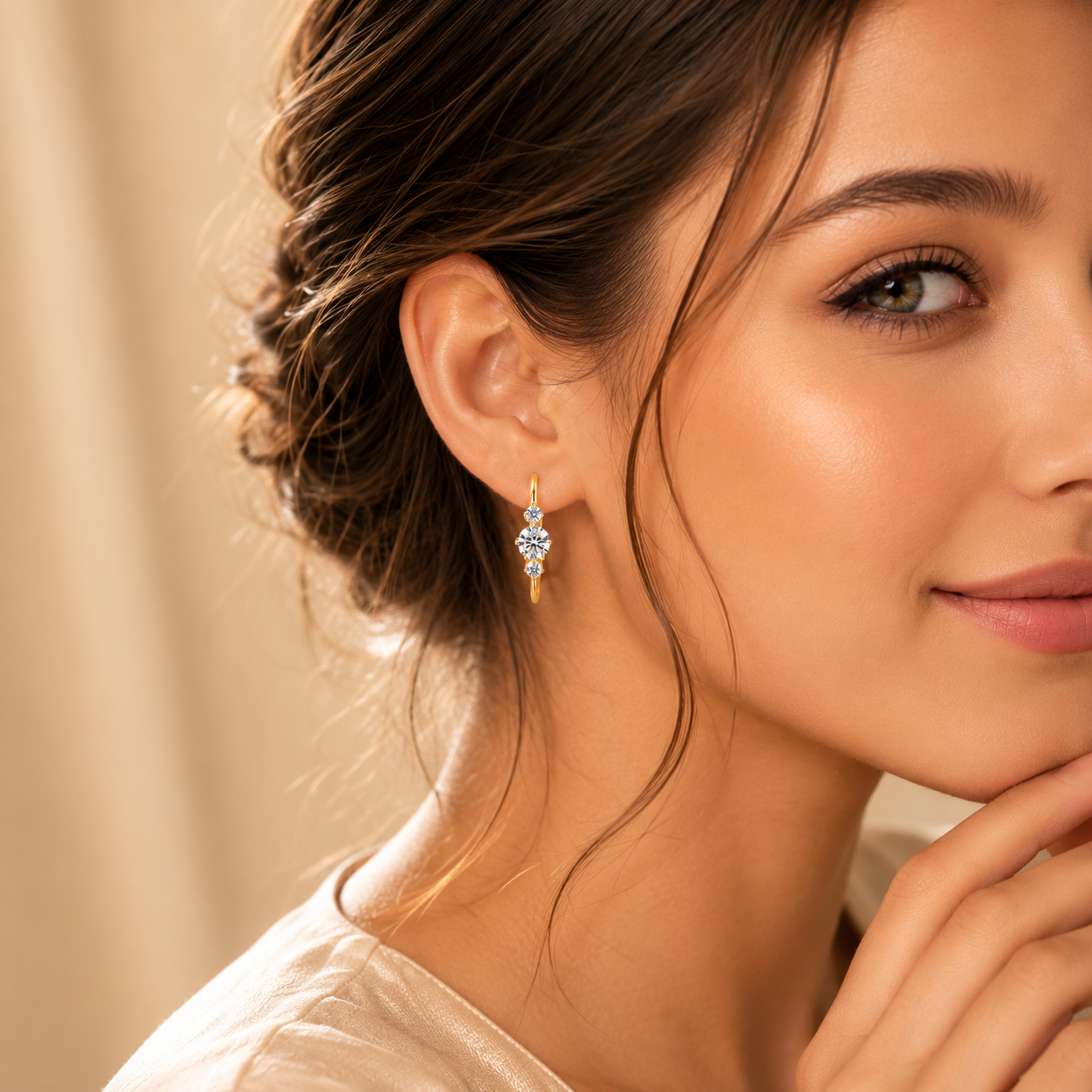 Woman wearing Seraphina Halo Drop Earrings showcasing elegant halo design