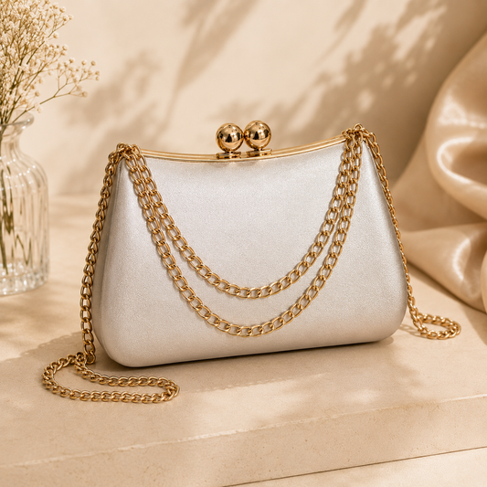 Celeste Chain Clutch evening bag with gold chain detail and elegant silver finish