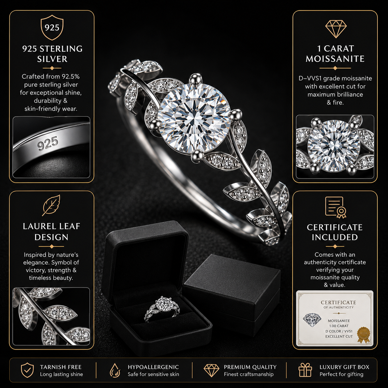 Elysian Laurel Moissanite Ring details including 925 sterling silver, certificate and gift box