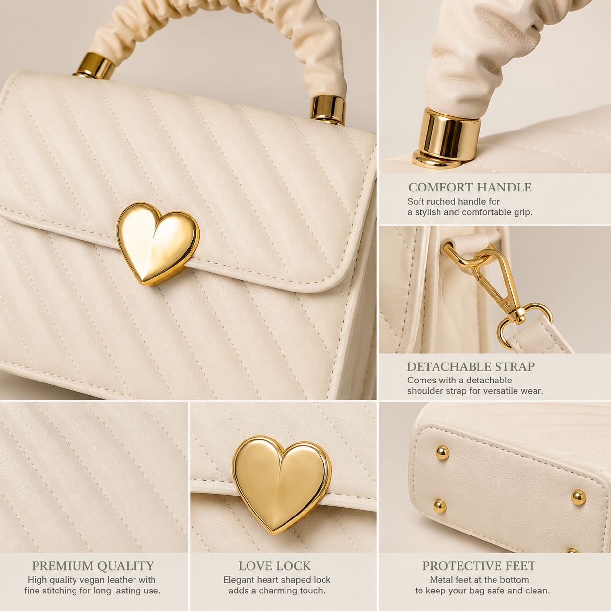 Elegant Quilted Crossbody Bag heart lock closure and premium quilted craftsmanship details