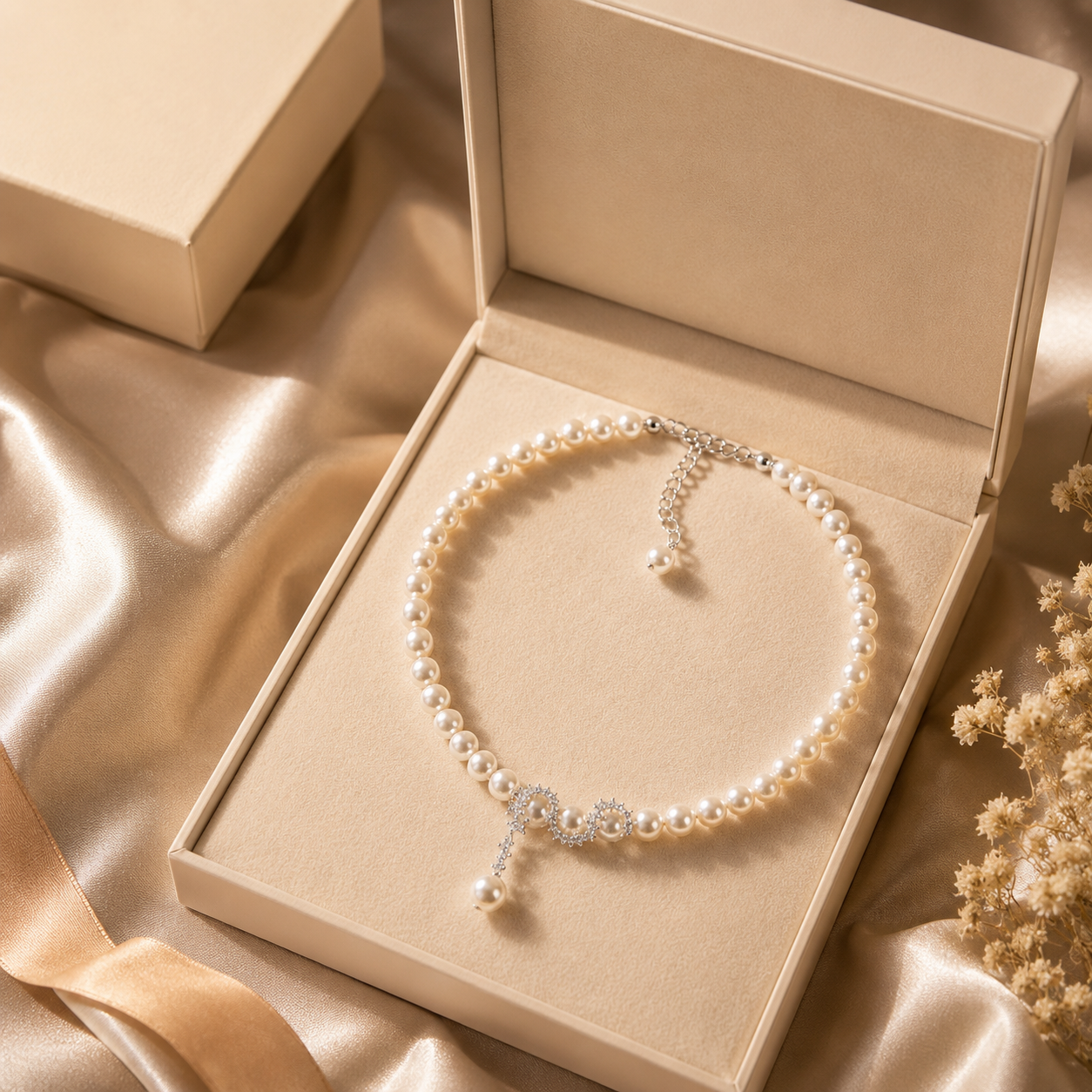 Aurora Pearl Statement Necklace presented in premium gift box packaging