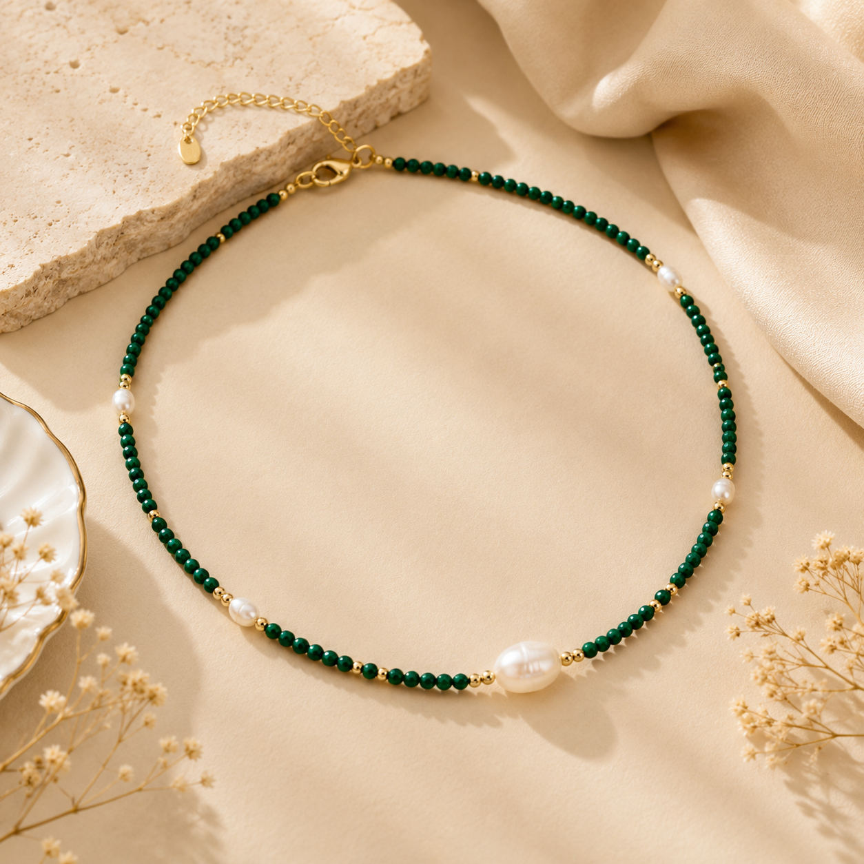 Verde Pearl Luxe Necklace showcasing freshwater pearl pendant and green beaded chain