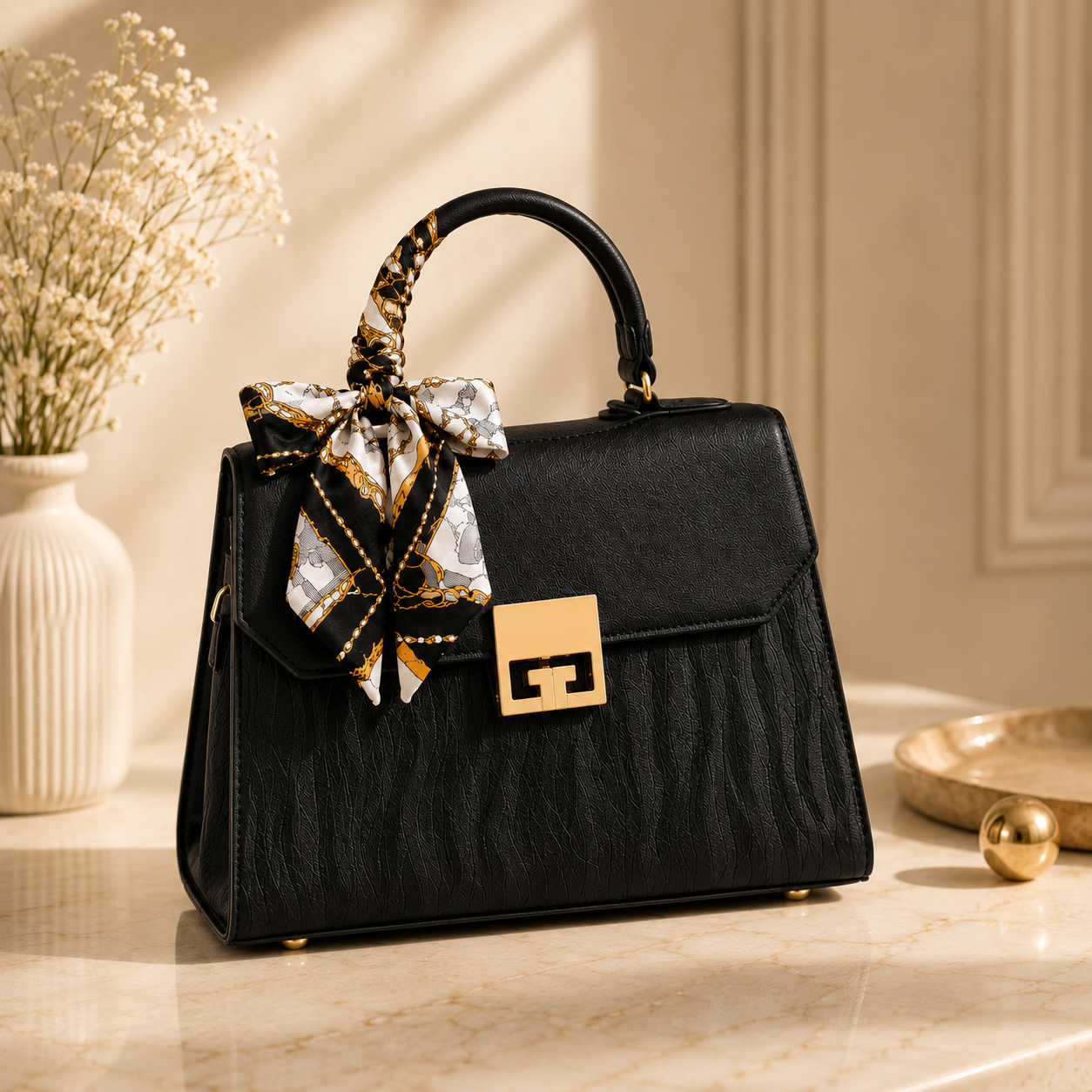 Celeste Noir Luxe Handbag in black with silk scarf detail and gold tone hardware