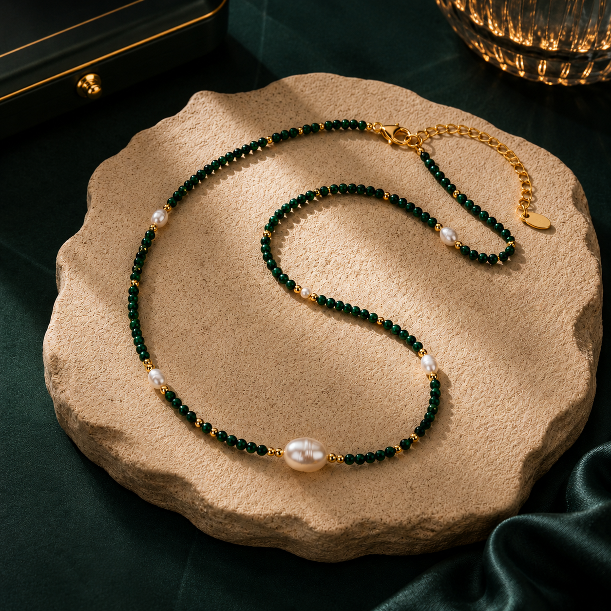 Verde Pearl Luxe Necklace with freshwater pearl and dark green gemstone inspired beads